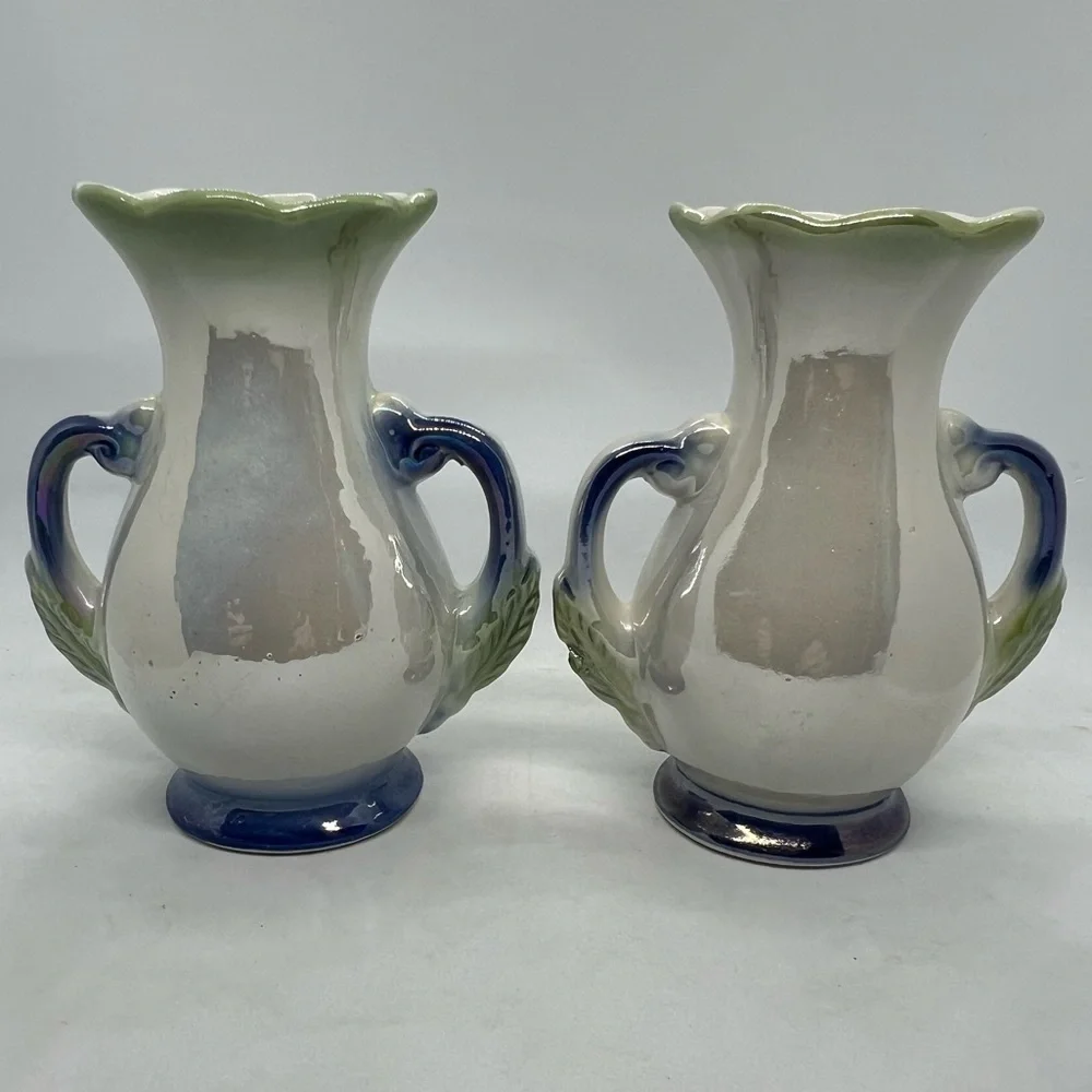Vintage Pair of Double Handled Lusterware Floral Vases. Made in Brazil